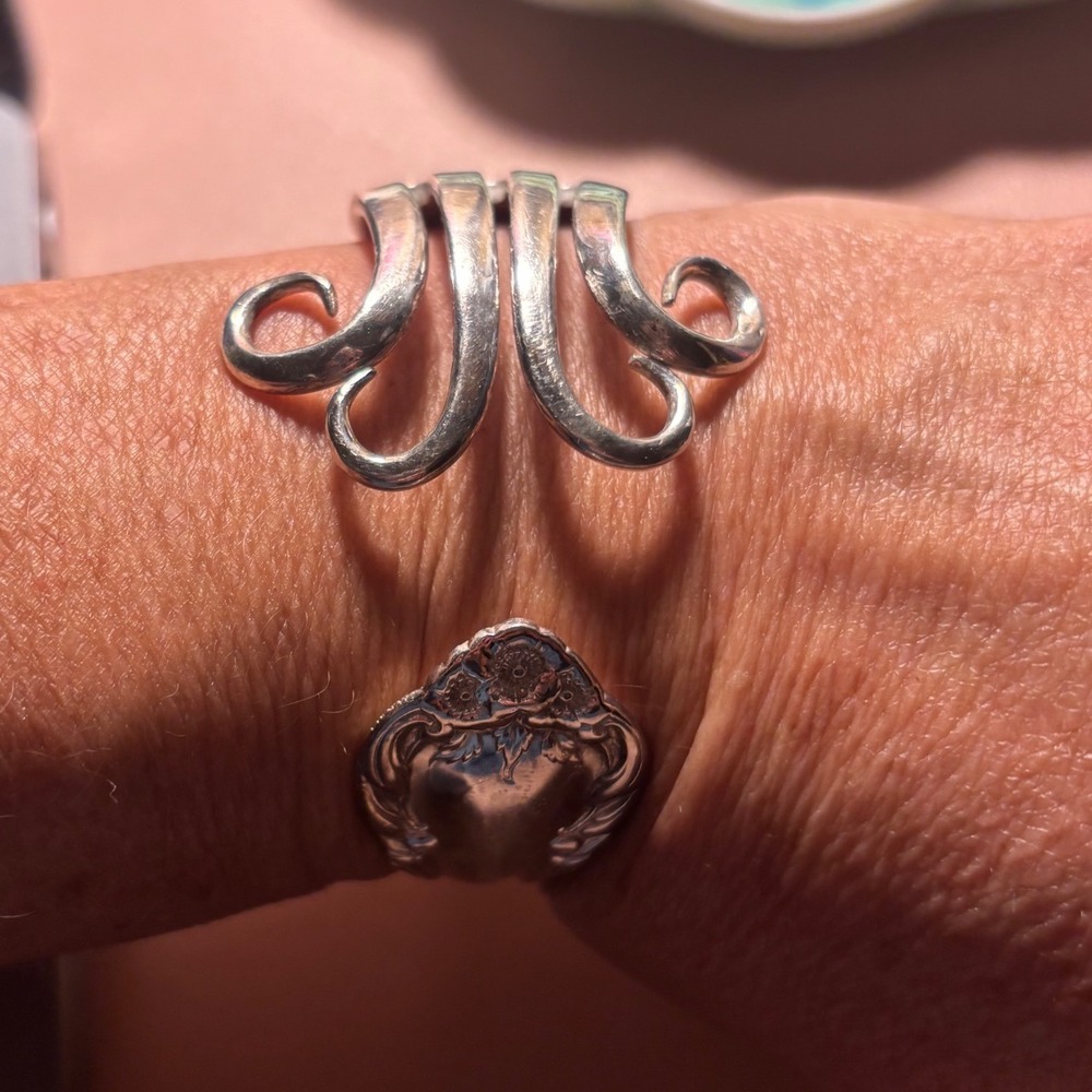 International Sterling Wild Rose Silver Fork Cuff Bracelet Vintage Upcycled